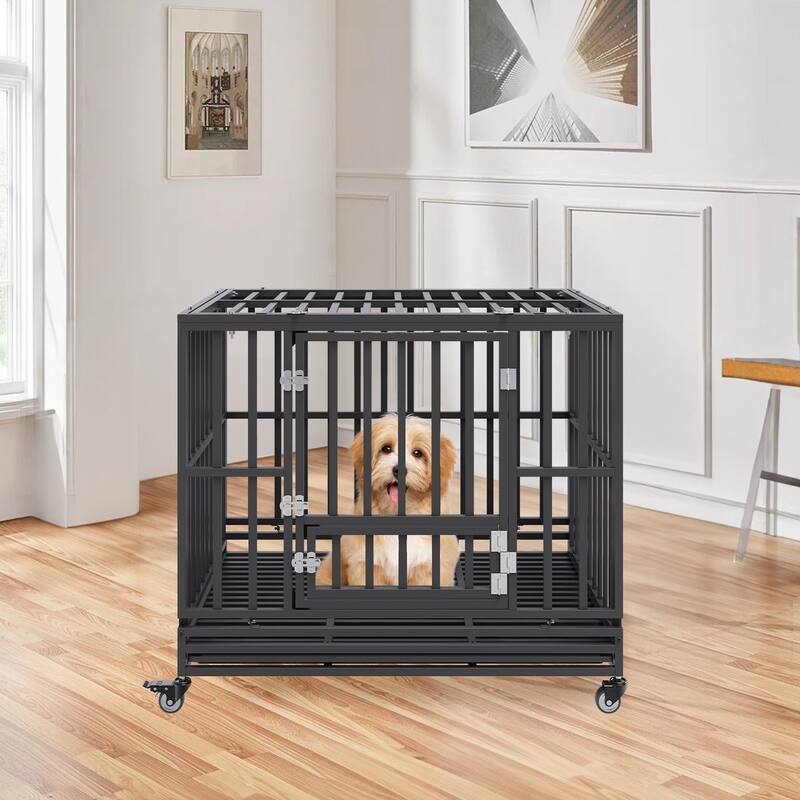 Black Indestructible Heavy Duty Carbon Steel Dog Crate with 3-Door and Lockable Swivel Wheels
