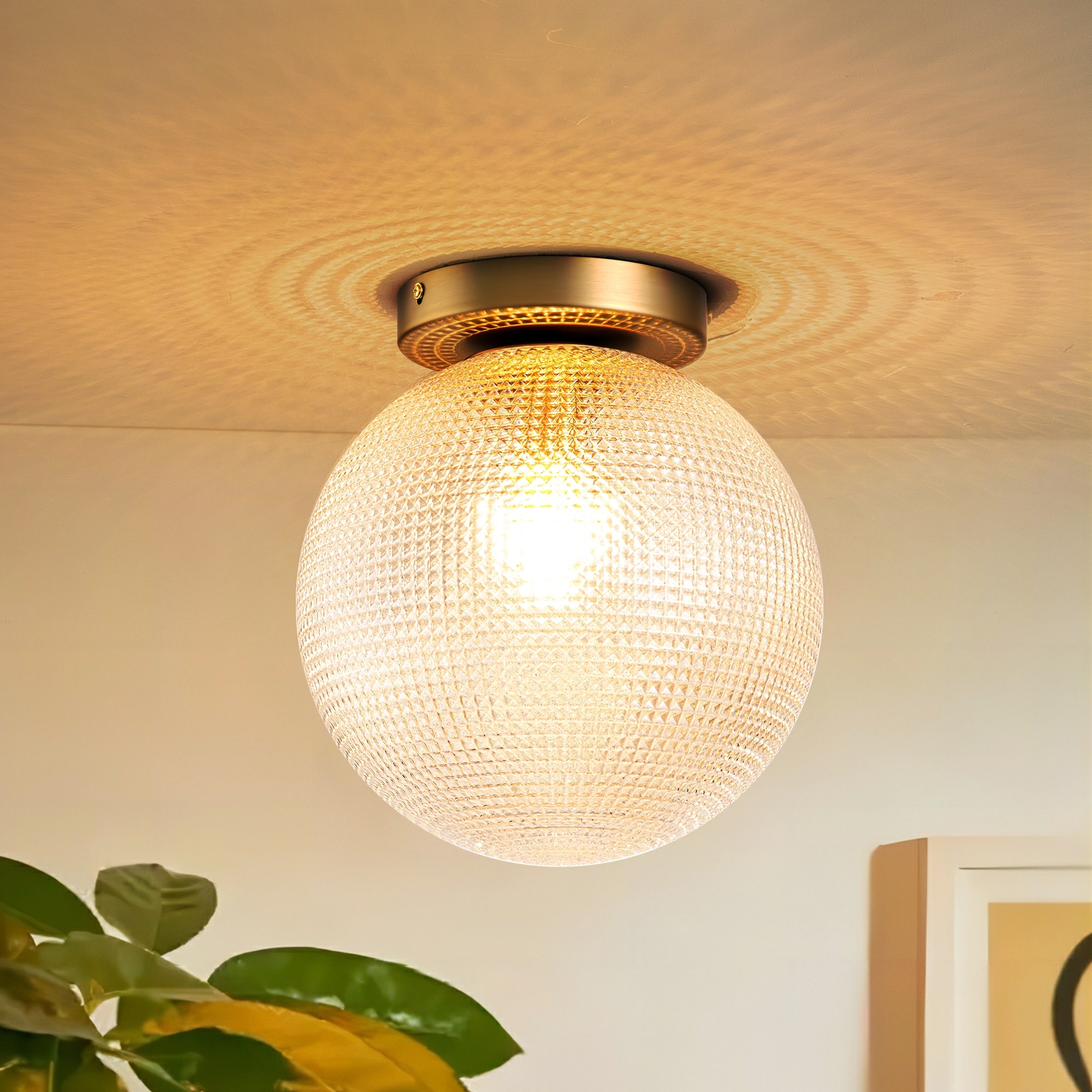 1-Light Modern Gold Glass Globe Bubble Flush Mount Ceiling Light for Foyer/ Hallway
