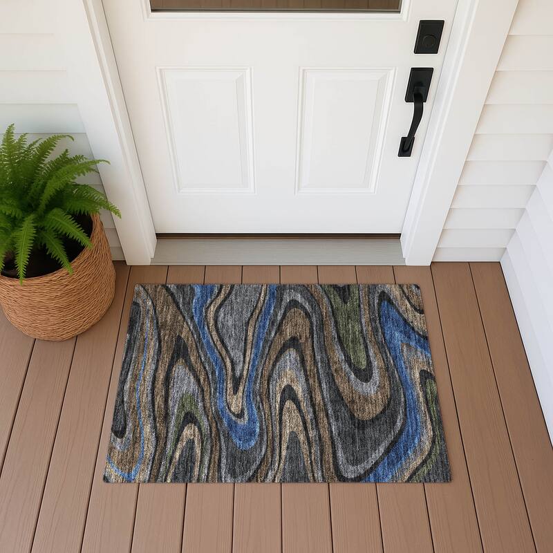 Machine Washable Indoor/ Outdoor Abstract Busey Chantille Rug - Black - 1'8" x 2'6"