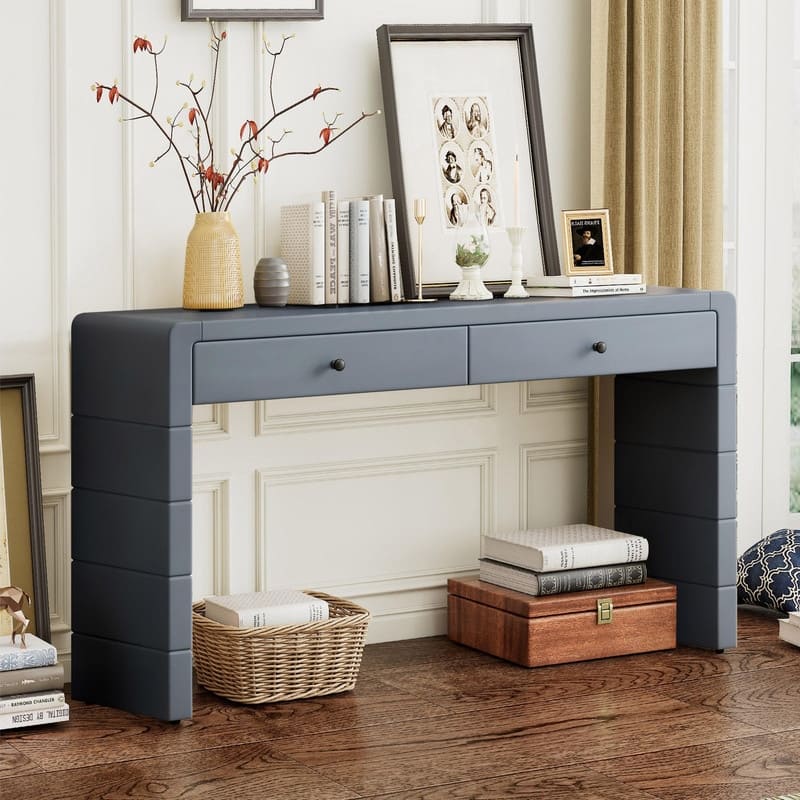 55" Console Table with Storage Drawers, Wooden Entryway Table with Curved Edged