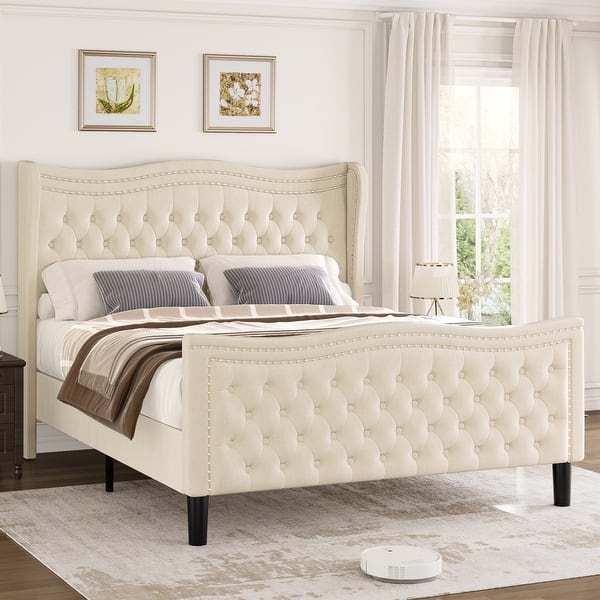 slide 2 of 12, King Size Upholstered Platform Bed with Velvet Headboard and Lift-Up Storage, Sturdy Pine Beige