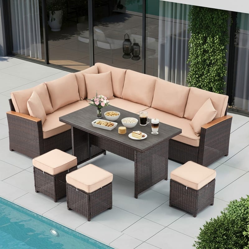 7-Piece Outdoor Sectional Set w/ Dining Table – All-Weather PE Rattan Patio Furniture for Garden, Poolside & Backyard - Grey