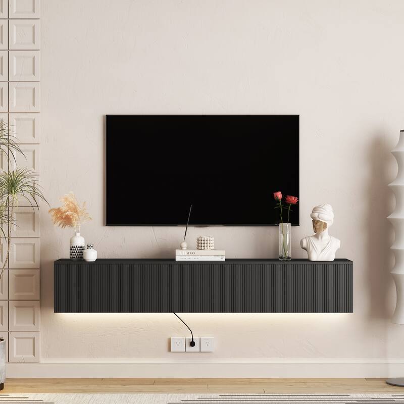 Floating TV Stand Wall Mounted with 16 Color LEDs, 69" Modern TV Stand, Floating TV Cabinet Entertainment Center - Black