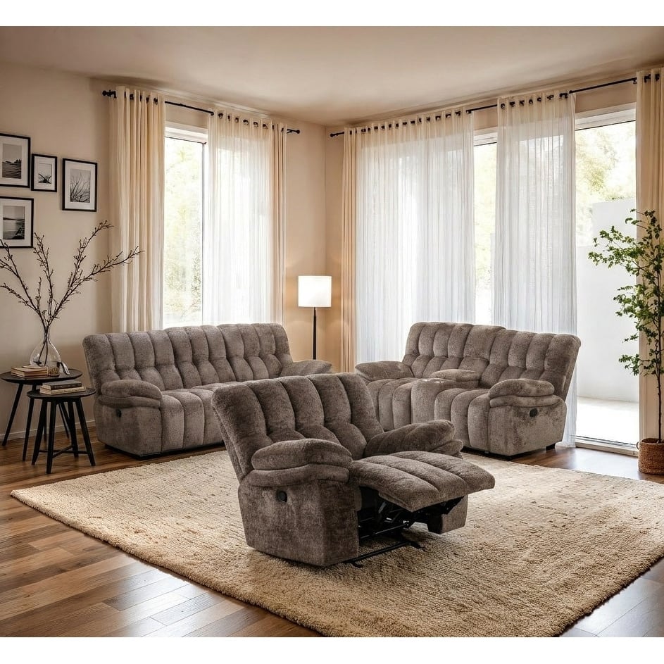 Transitional Brown Manual Recliner Sofa Set USB Ports 2 Cup Holders