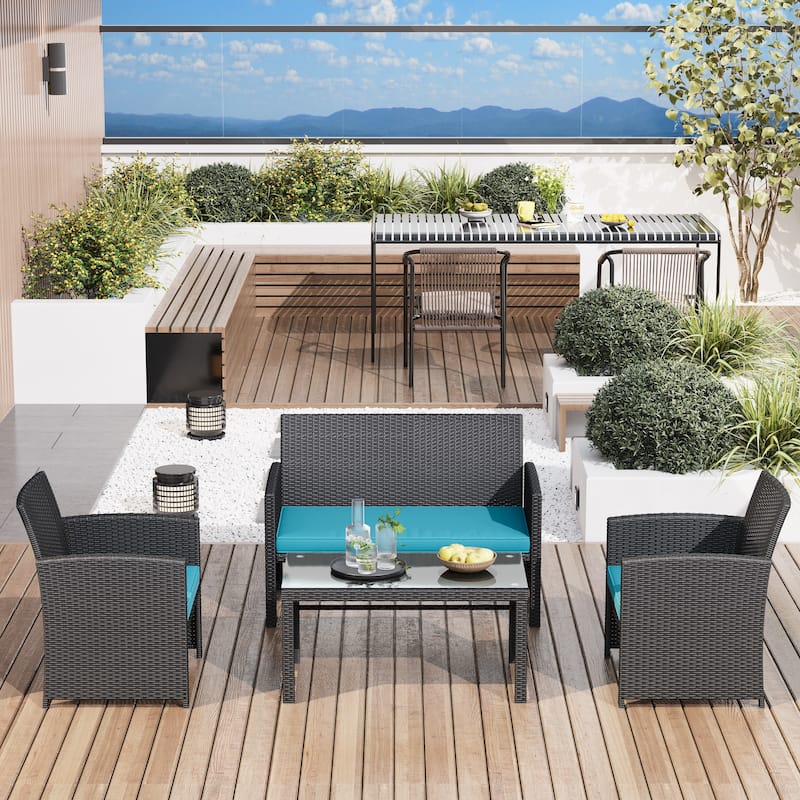 EROMMY 4-Piece Patio Furniture Set with Cushions, Wicker Sofa and Glass Coffee Table, All-Weather PE Rattan Conversation Set.