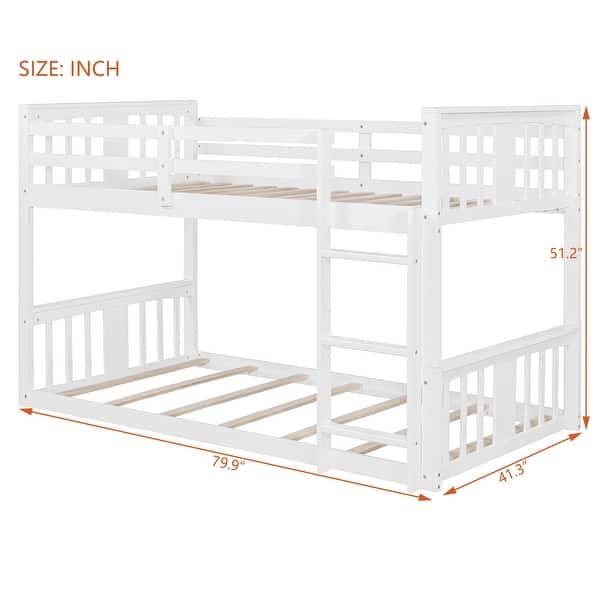 Twin Over Twin Floor Bunk Bed with Ladder, Solid Wood Bunk Bed Frame with Full-Length Guardrail, Detachable into 2 Separate Beds