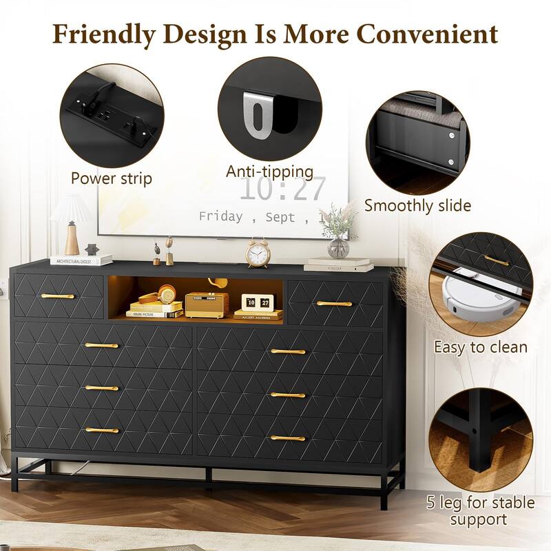 8 Drawer Dresser with LED Light and Power Outlet, Modern Storage Dresser and 55" TV Stand