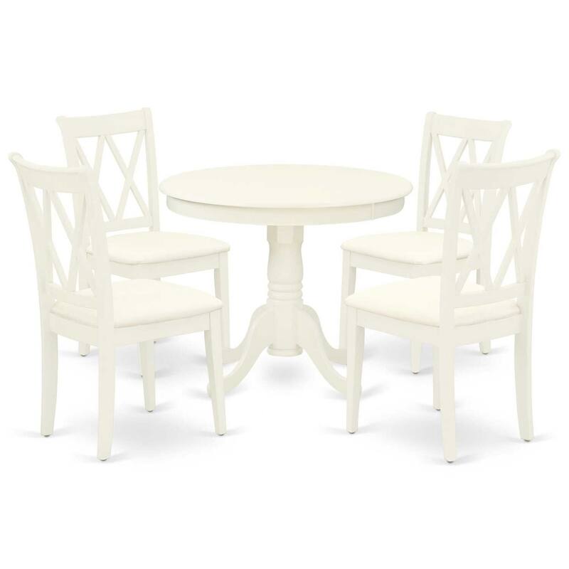 HomeStock 5-Piece Round Linen White Finish Solid Wood Top Dining table with 4-Chairs with Cross Back