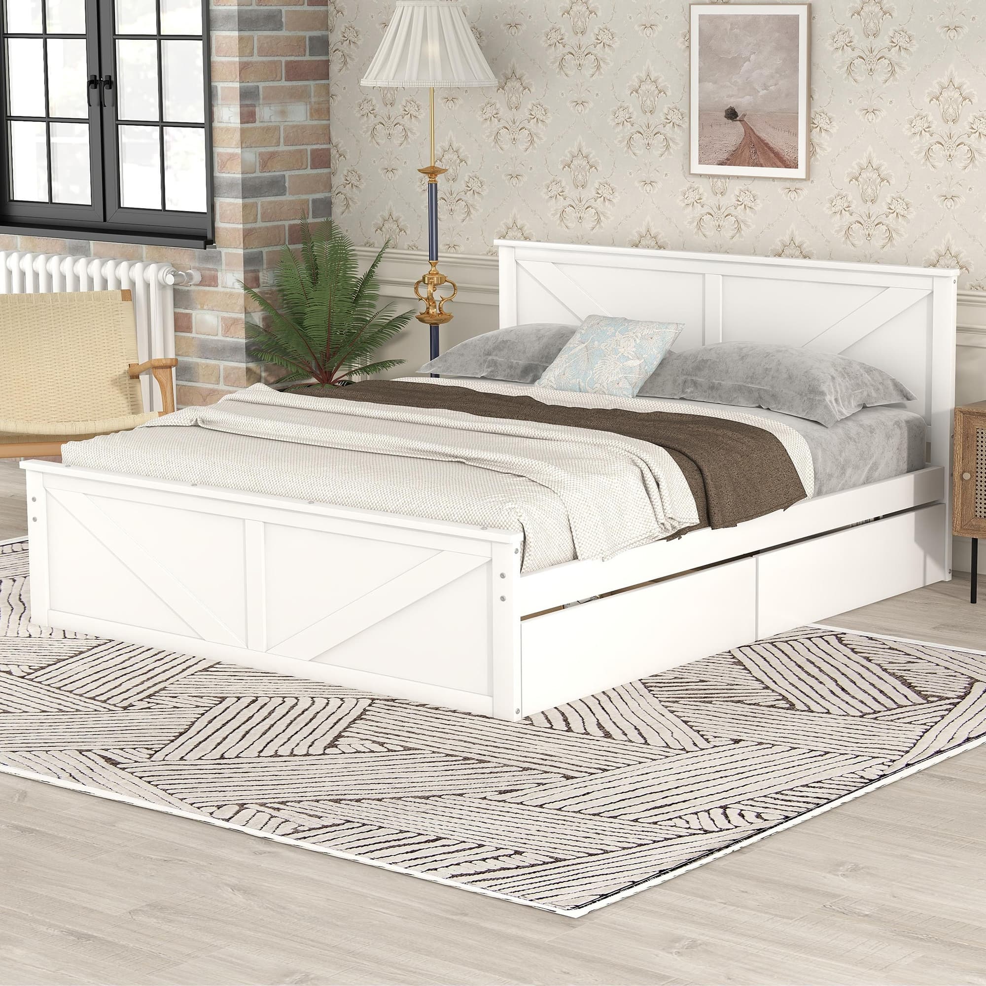 Queen Size Wooden Platform Bed with Four Storage Drawers and Support ...