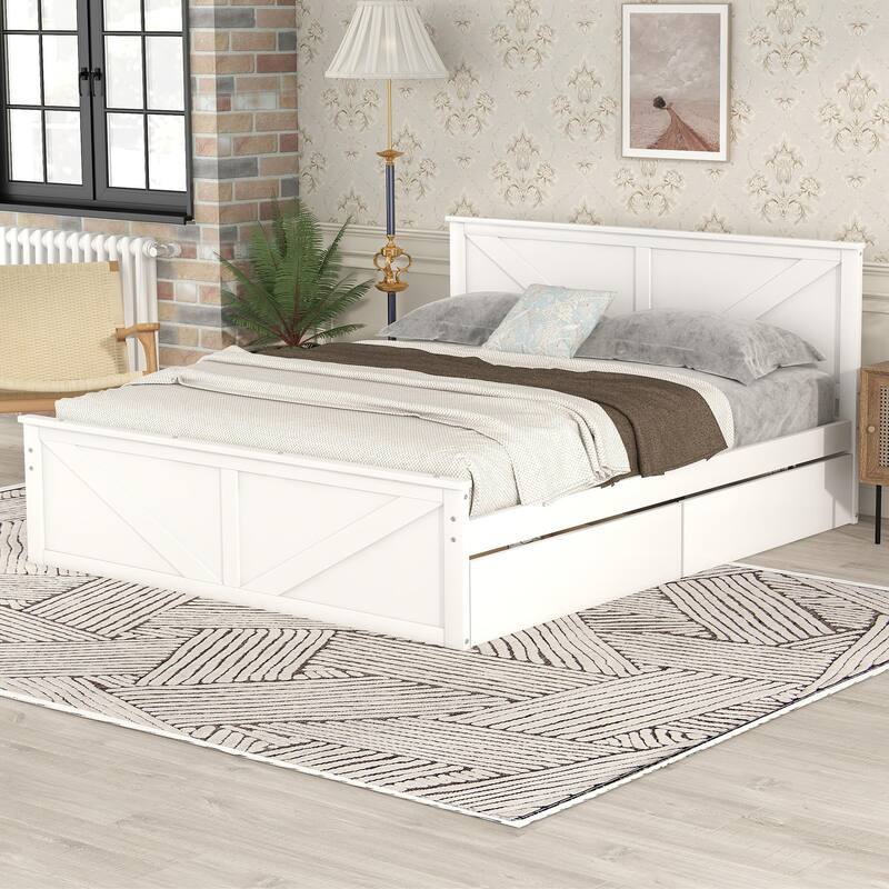 Queen Size Wooden Platform Bed with Four Storage Drawers and Support