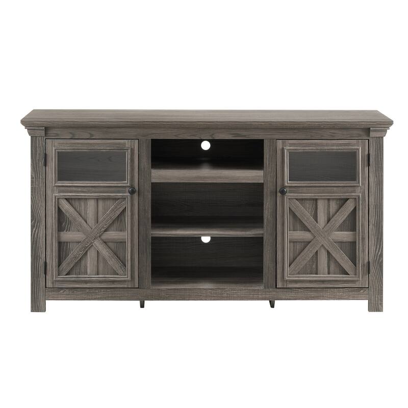 Farmhouse TV Stand, 2-Door Cabinet Media Stand with Barn Design and Open Shelving, for Living Room, Grey
