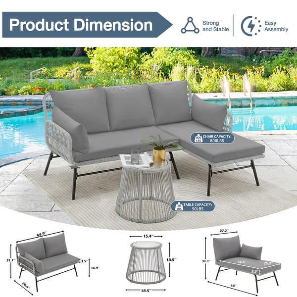 dimension image slide 6 of 8, EROMMY 3-Piece Patio Conversation Set with Glass Table & 2 Armchairs, Seat Cushions