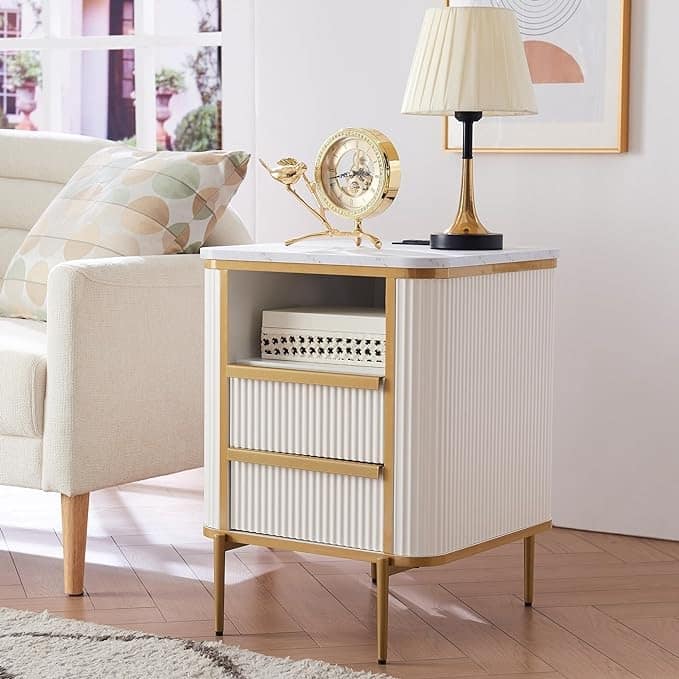 Modern Luxury Fluted Nightstand with faux marble tabletops, End Table - Solid White