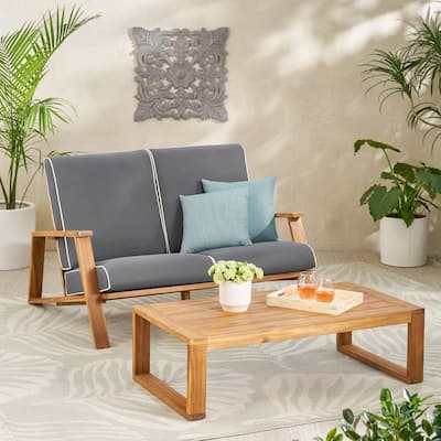 Outdoor Loveseat & Coffee Table Set, Modern 2-Seater Wooden Sofa with Durable Weather-Resistant Design for Patio, Balcony