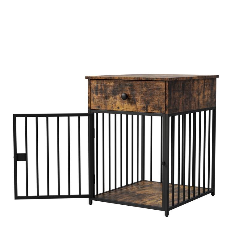 Dog Crate Furniture, Dog House, Decorative Dog Kennel with Drawer, Indoor Pet Crate End Table for Small Dog, Iron-Tube Dog Cage