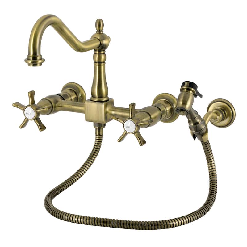 Kingston Brass Essex Double-Handle Wall-Mount Pre-Rinse Bridge Kitchen Faucet - Antique Brass