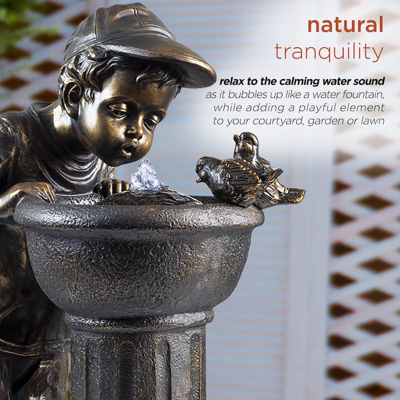 Alpine Corporation Outdoor Floor Joyful Boy and Girl Drinking Water Fountain, Playful Garden Waterfall with LED Lights