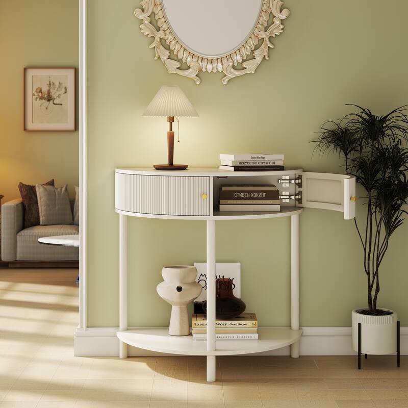 Console Table Unique Half Moon End Table with Open Shelf, Entryway Table Cream White Hallway Table Side Table