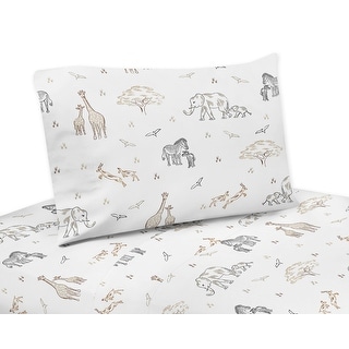 Jungle Safari Animals Twin Sheet Set Taupe Black and White Gender Neutral Elephant Giraffe Wildlife Adventure Zebra Serengeti