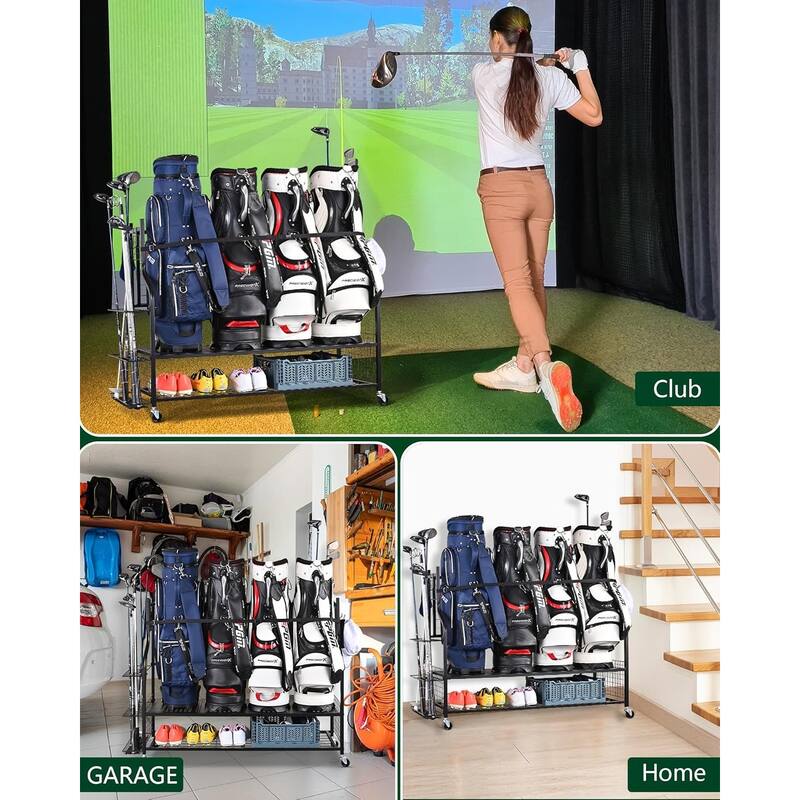4 Golf Bag Storage Rack Rolling Garage Stand for Clubs and Accessories