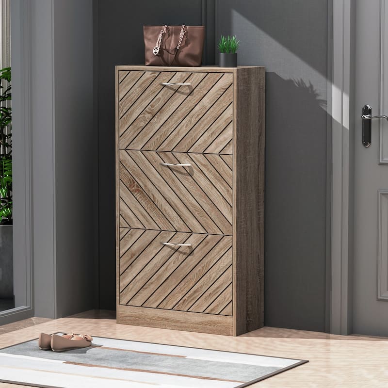 Timechee 12 Pair Shoe Storage Cabinet with 2 Drawers, Wood Color