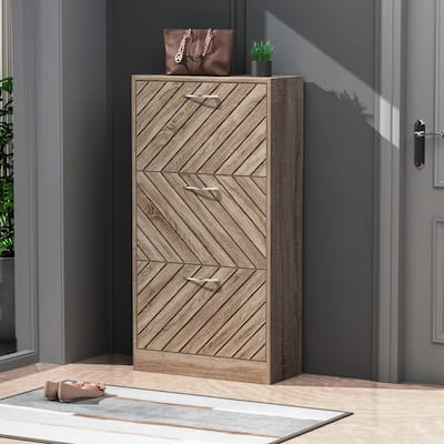 Timechee 12 Pair Shoe Storage Cabinet with 2 Drawers, Wood Color