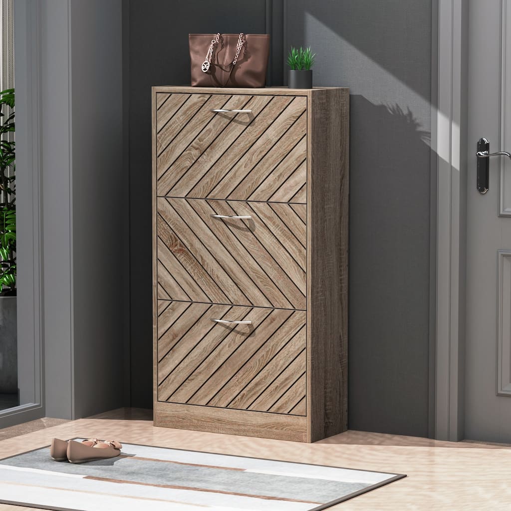 Timechee 12 Pair Shoe Storage Cabinet with 2 Drawers, Wood Color