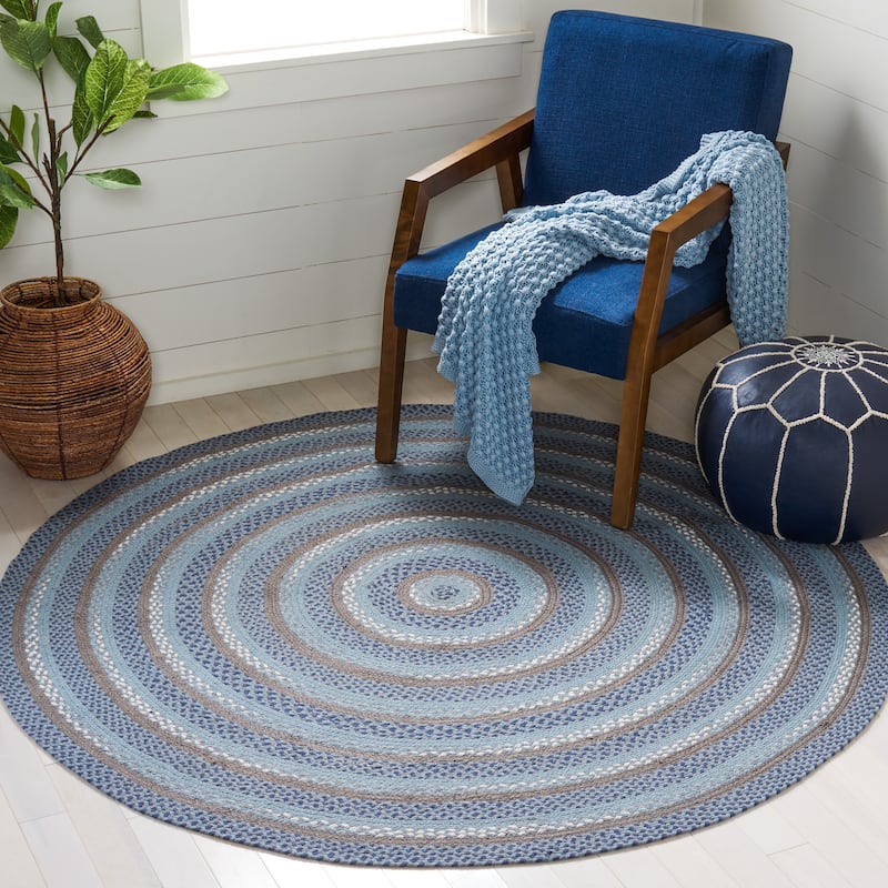 SAFAVIEH Handmade Braided Hisanori Flatweave Cotton Rug - 4' Round - Blue/Grey