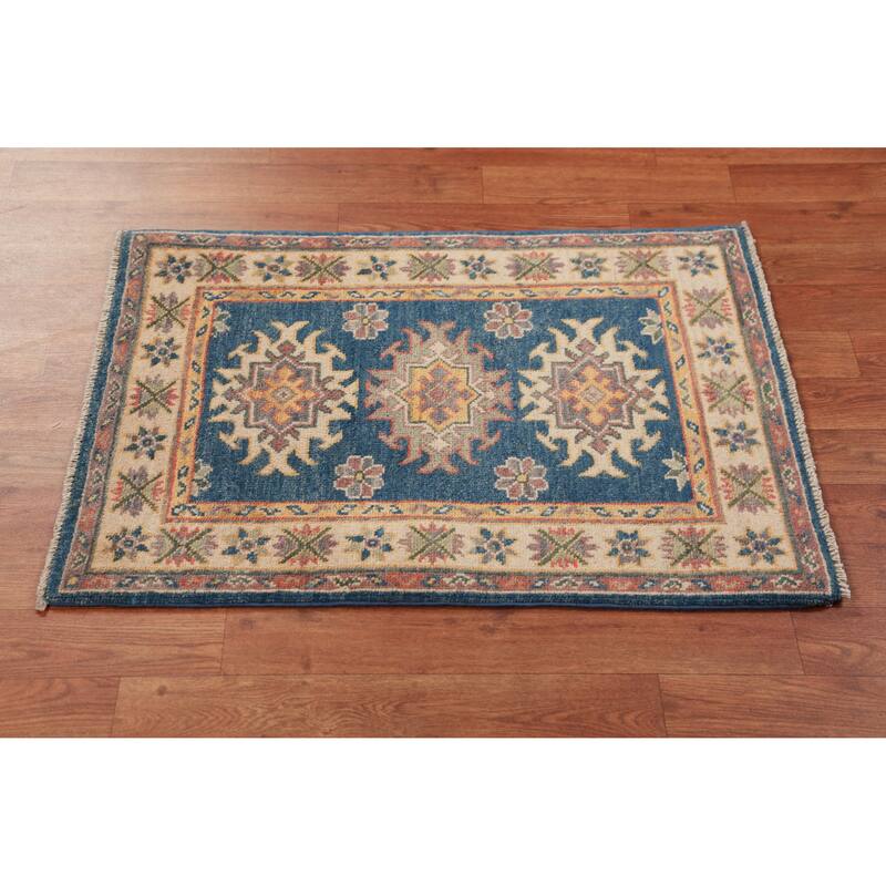 Blue Geometric Kazak Oriental Accent Foyer Rug Handmade Wool Carpet - 2'0"x 3'0"