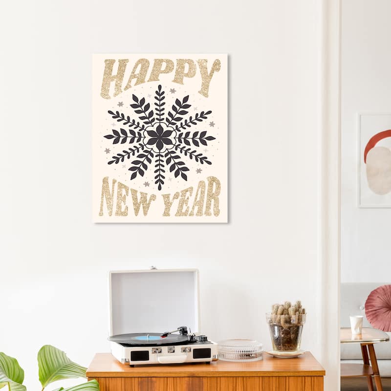 Wynwood Studio Canvas Holiday and Seasonal Happy New Year Snowflake Gold Glam Wall Art Canvas Print - 20 x 24