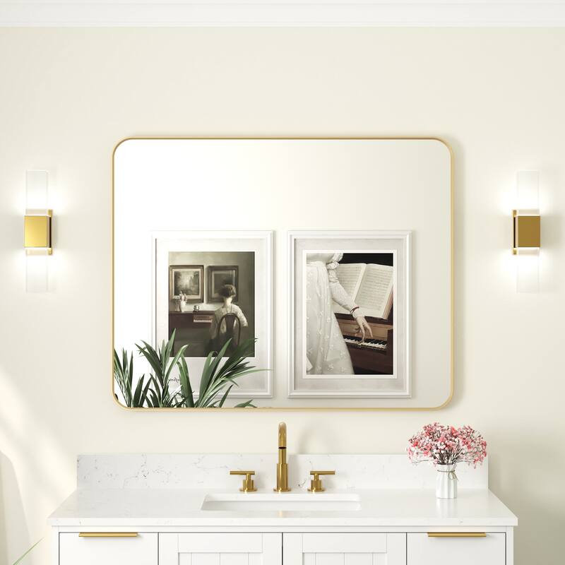 Modern Bathroom Wall Mounted Anodized Aluminum Framed Wall Vanity Mirror - 32 in.Wx 40in.H-Rectangular - Brushed Gold