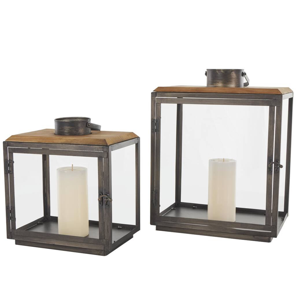 Metal Brushed Rectangular Indoor Outdoor Candle Lantern with Brown Wood Tops - Set of 2 Dark Gray - Roche River Decor