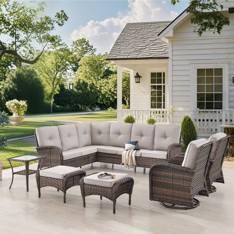 Gymojoy L-Shaped Outdoor Sectional Sofa Set with Swivel Chairs, Perfect for Patios - Beige - 6-Piece