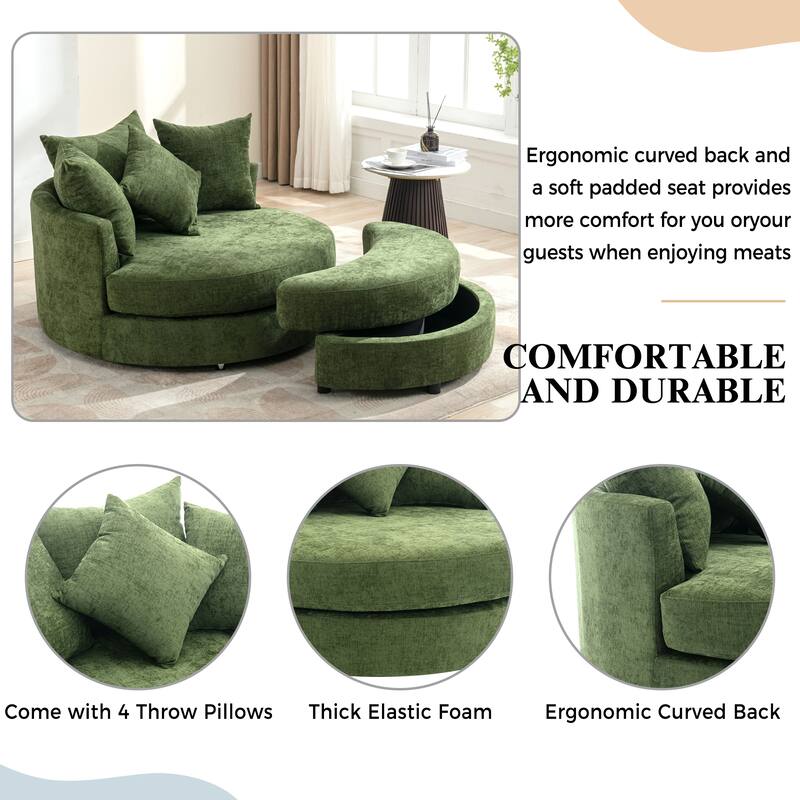 Roomfitters Modern 360° Swivel Barrel Chair with Hidden Storage Ottoman, Chenille Upholstery and Four Pillows