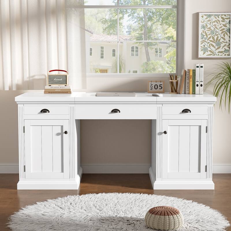 67-Inch Modern Executive Computer Desk with 2 Wooden Doors Storage Cabinet & 3 Drawers