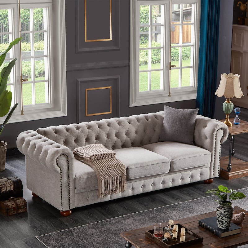Light Grey Linen Fabric Chesterfield Sofa, 88x37x28 inches