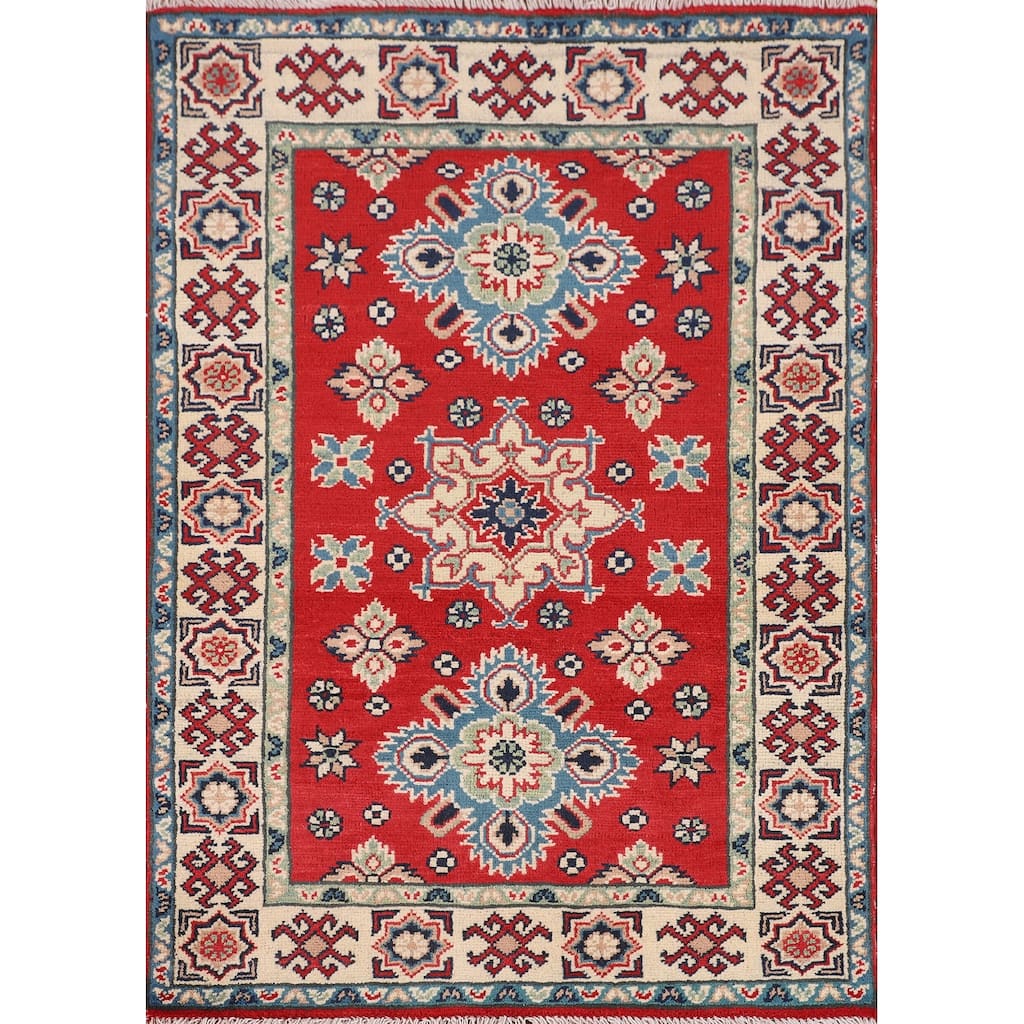 Red Kazak Oriental Accent Rug Handmade Geometric Foyer Wool Carpet - 2'10" x 3'11"