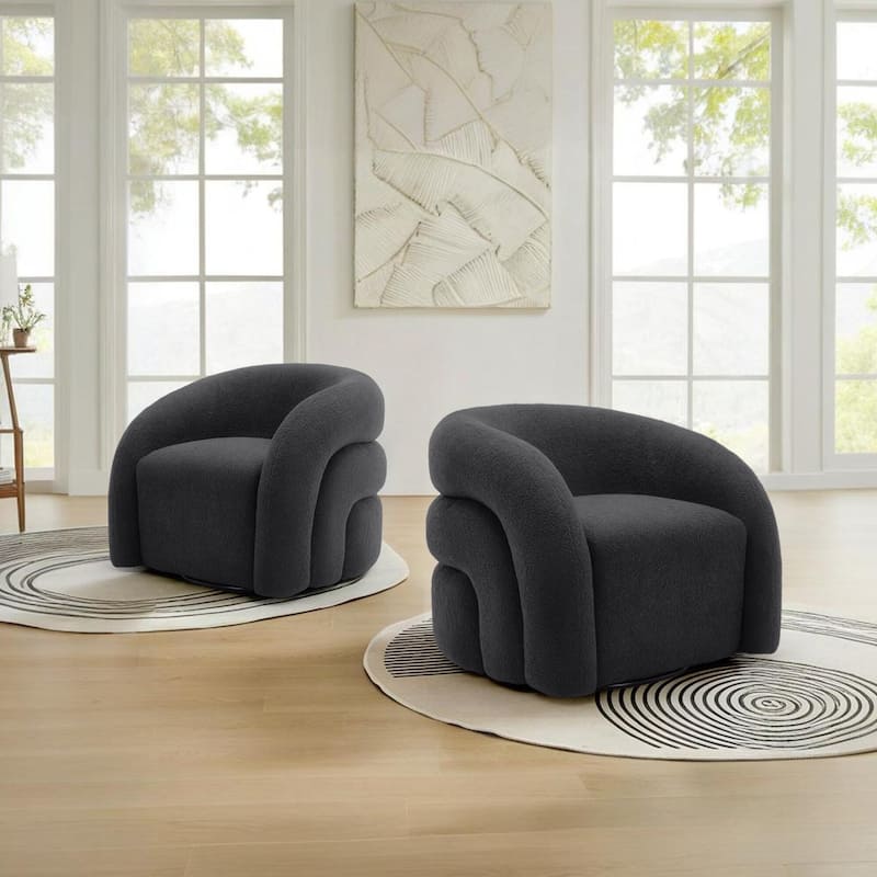 Boucle Swivel Accent Chair Round Barrel Armchair Set of 2