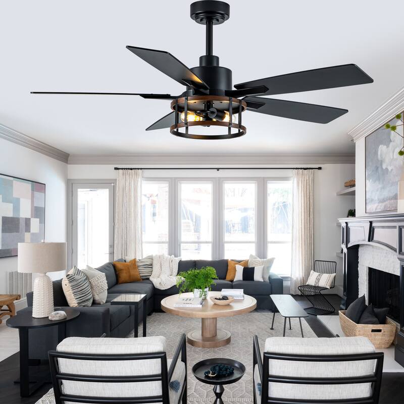 Cusp Barn 52 Inch Farmhouse Indoor Ceiling Fan with Lights and Remote, Reversible DC Motor Black Caged Chandelier Ceiling Fan