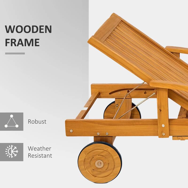 Acacia Wood Folding Lounge, 4-Pos Adjustable, Wheels for Beach