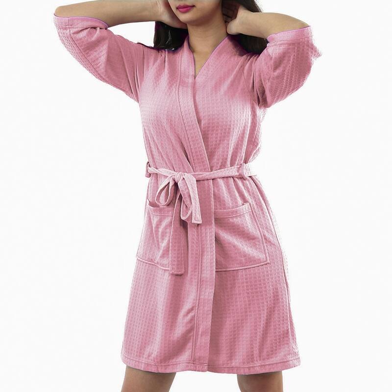Women's Nightgown 3/4 Sleeve Kimono Robe Waffle Bathrobe with Pockets - Pink - XL