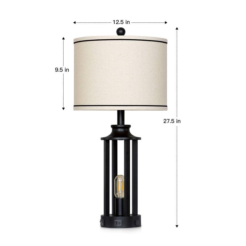 27.5'' Black Industrial Table Lamp with USB-C & AC Outlet, Dual Lighting, Metal Frame(Set of 2) - 12.5''x 12.5'' x 27.5''