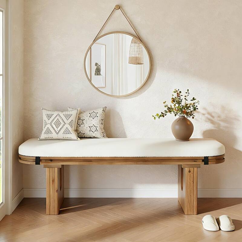 47.24" Solid Wood Upholstered Bedroom Bench, Bed End Entryway Bench for Hallway Living Room Kitchen