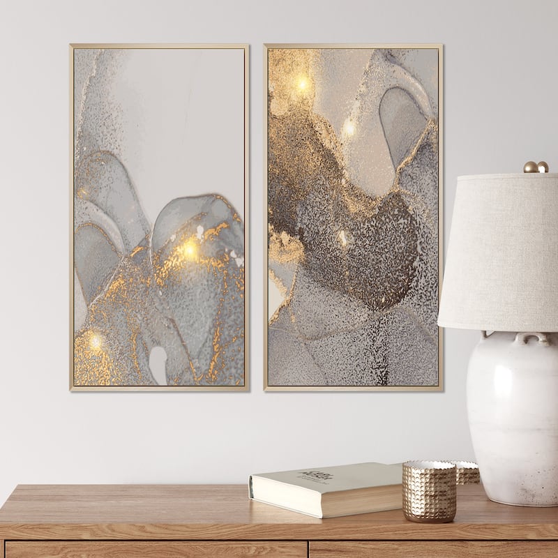 Designart "Grey & Gold Marble Liquid Art I" Abstract Framed Art Set of 2 Pieces - 24 in. Wide x 20 in. High - Panels - Brown