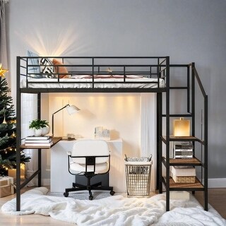 Artsy Full Size Metal Loft Bed with Desk and Metal Grid, Stylish Metal Frame Bed with Lateral Storage Ladder and Wardrobe, Black