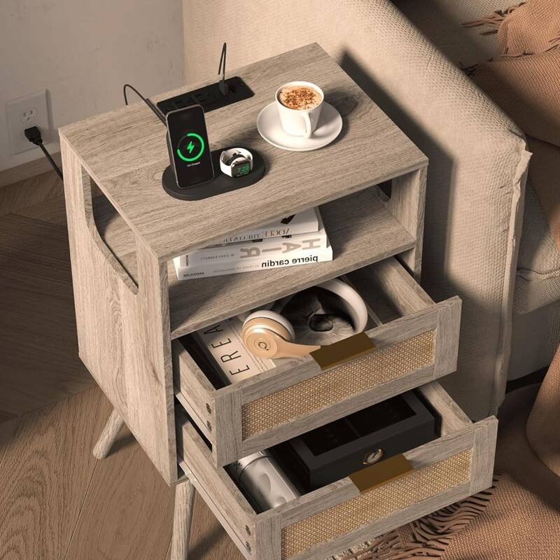 Rattan Nightstand with Chargers, Modern Nightstand with 2 Storage Drawers and Open Wooden Shelf
