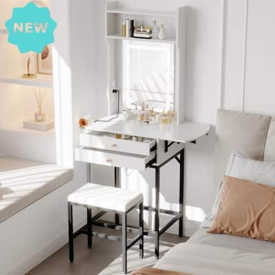 Small Makeup Vanity Desk with LED Mirror, Foldable Side Panel, 2 Drawers