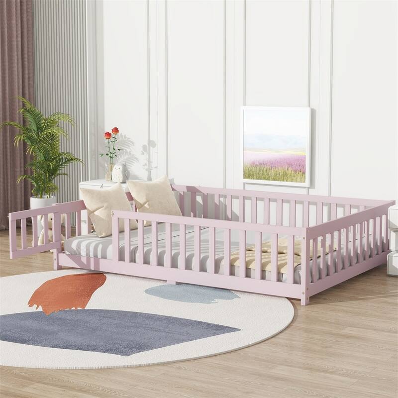 Twin/Full/Queen Size Floor Bed with Fence Guardrails and Door, Rubber Wood Toddler Bed Montessori Bed with Slats Support - Pink - Full