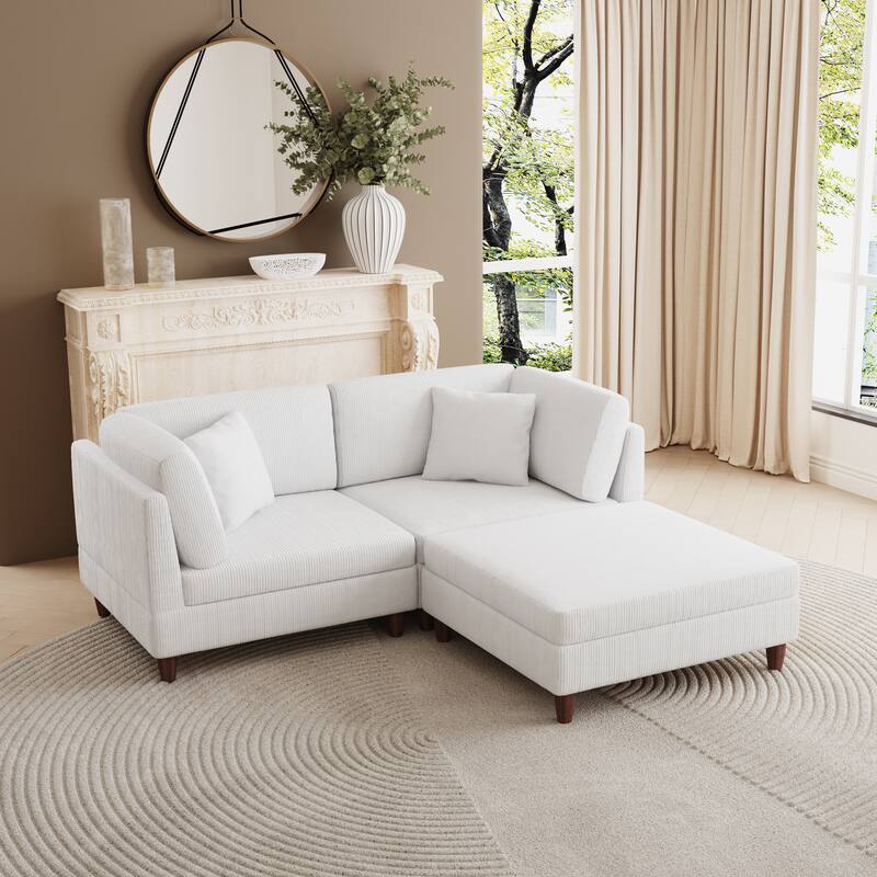 Corduroy Convertible Couch Modular Sectional Sofa with Ottoman - 3-Piece Beige - Symmetrical