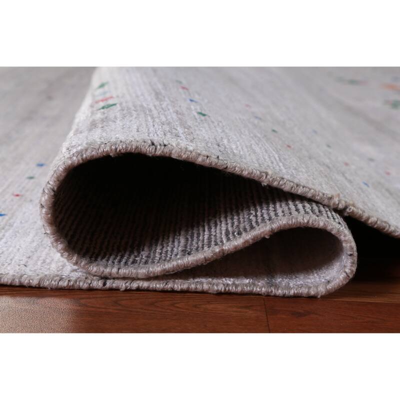 Hand Knotted Oriental Viscose Silk Carpet Tribal Stripe Greys & Charcoal Gabbeh Area Rug - 9' 11'' X 7' 10''